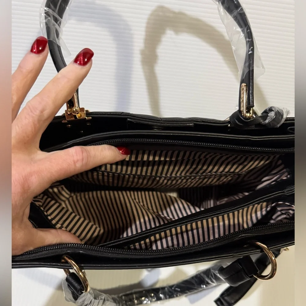 NWT 2PC Black Quilted Handbag with Crossbody Strap, Bag Charm and Wallet